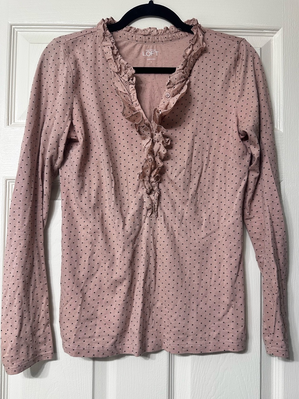 LOFT Beige Ruffle-Trim Polka Dot Long Sleeve Top